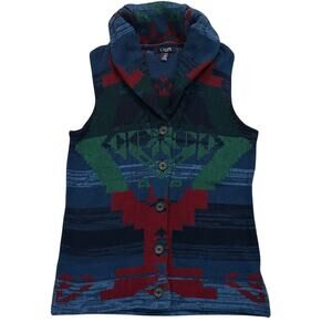 Chaps Denim Women’s Shawl Collar Aztec Southwestern Blue Red Sweater Vest Small